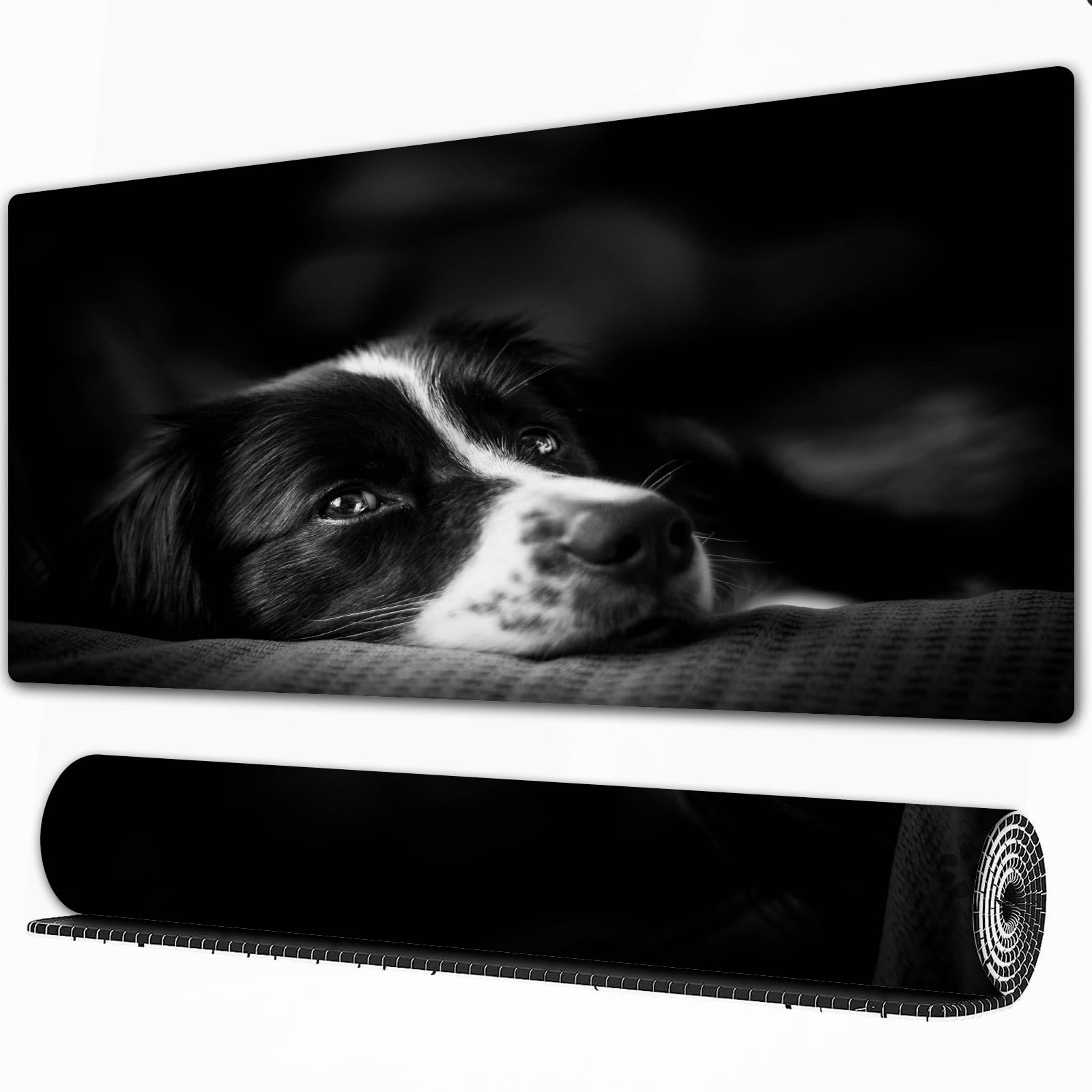 Tappetino per mouse da gioco,grande,antiscivolo,impermeabile,con bordi cuciti,Foto emozionale verso il basso border collie in bianco e nero,per gaming,ufficio,casa,40x90 cm