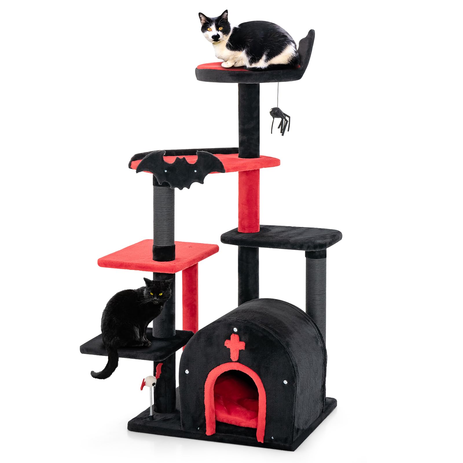 COSTWAY Gothic Cat Tree, 134cm Cat Climbing Tower with Arch-Shaped Condo, Scratching Posts, Pompom & Spring Balls, Indoor Multi-Level Kitten Activity Center
