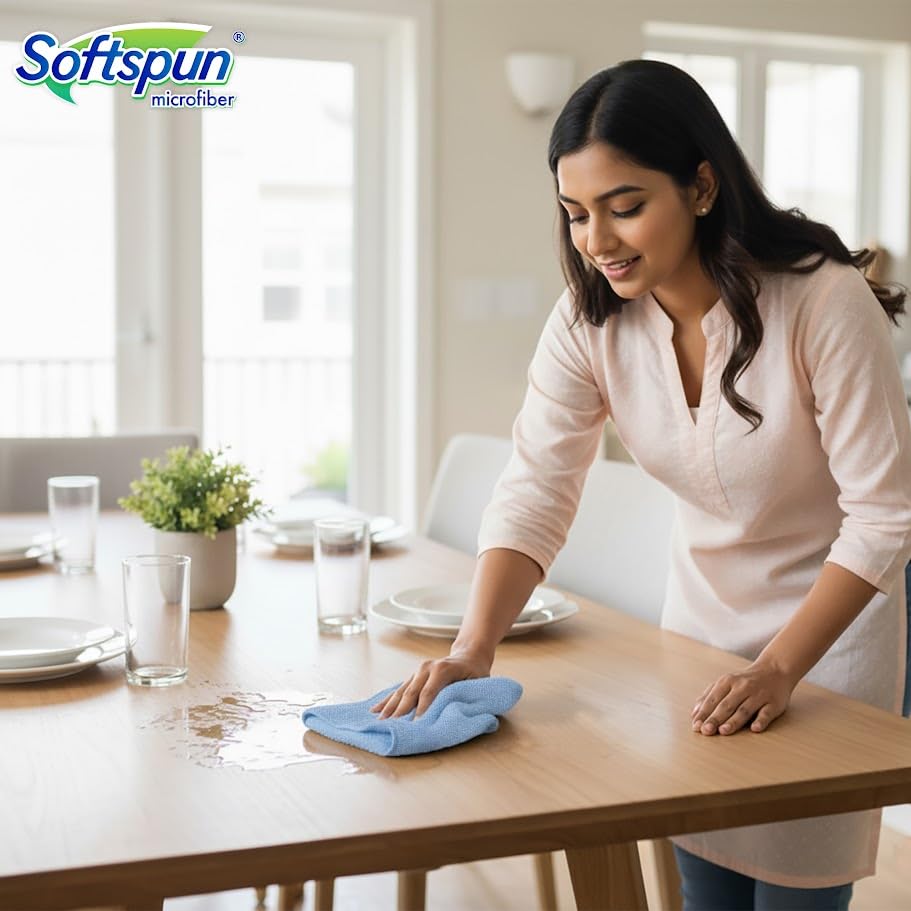 Image of SOFTSPUN Microfiber Cleaning Cloths, 5pcs 40x40cms 340GSM Sky Blue! Highly Absorbent, Lint and Streak Free, Multi -Purpose Wash Cloth for Kitchen, Car, Window, Stainless Steel, Silverware.