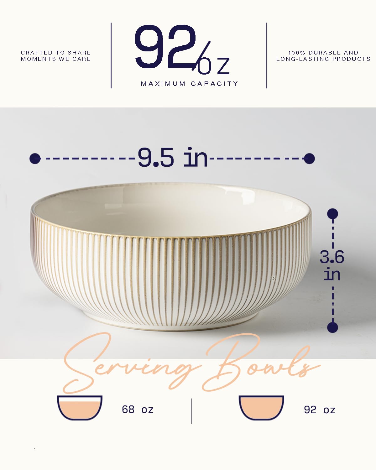 Getstar Large Ceramic Serving Bowls Set Of 2 - 9.5 Inch, 92 Oz, Microwave & Dishwasher Safe - View #3