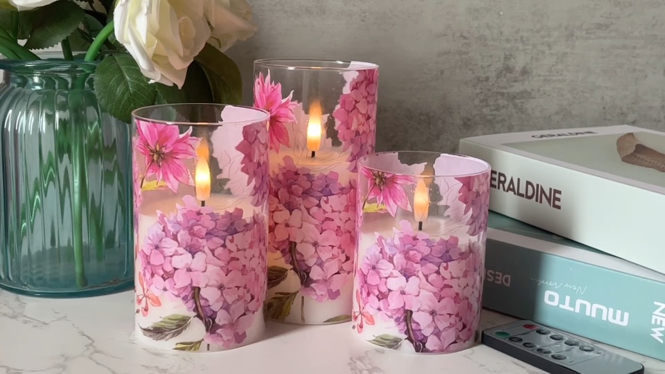 Image of Pink Hydrangea Glass Flameless Candles with Remote Timer Battery Operated LED Pillar Candles Realistic 3D Wick Flickering Real Wax Wedding Dinner Holiday Decor Candle 3 x 4,5,6 Inches
