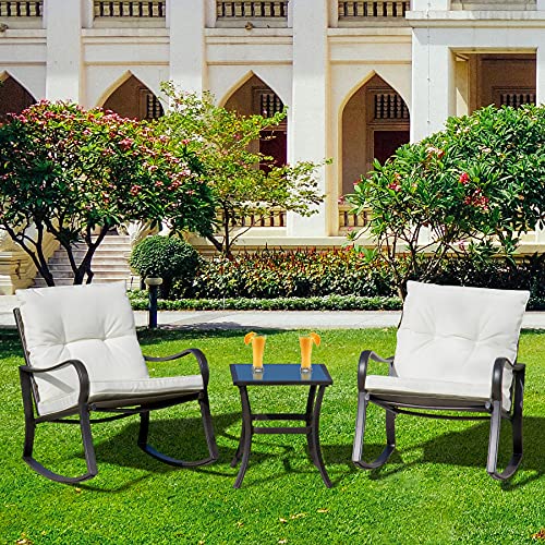 Domi Outdoor Living 3 Pieces Bistro Set Outdoor Rocking Chairs All Weather Patio Wicker Furniture Set With Thickened Cushion And Glass Top Coffee Table For Yard,Bistro thumb #7