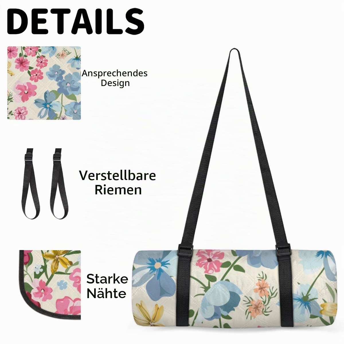 Picknickdecke mit Blumen, wasserdicht, sanddicht, faltbar, Stranddecke, 200,7 x 200,7 cm, extra groß, tragbar, waschbar, Outdoor-Matte für Camping, Park, Gras, Wandern, Reisen
