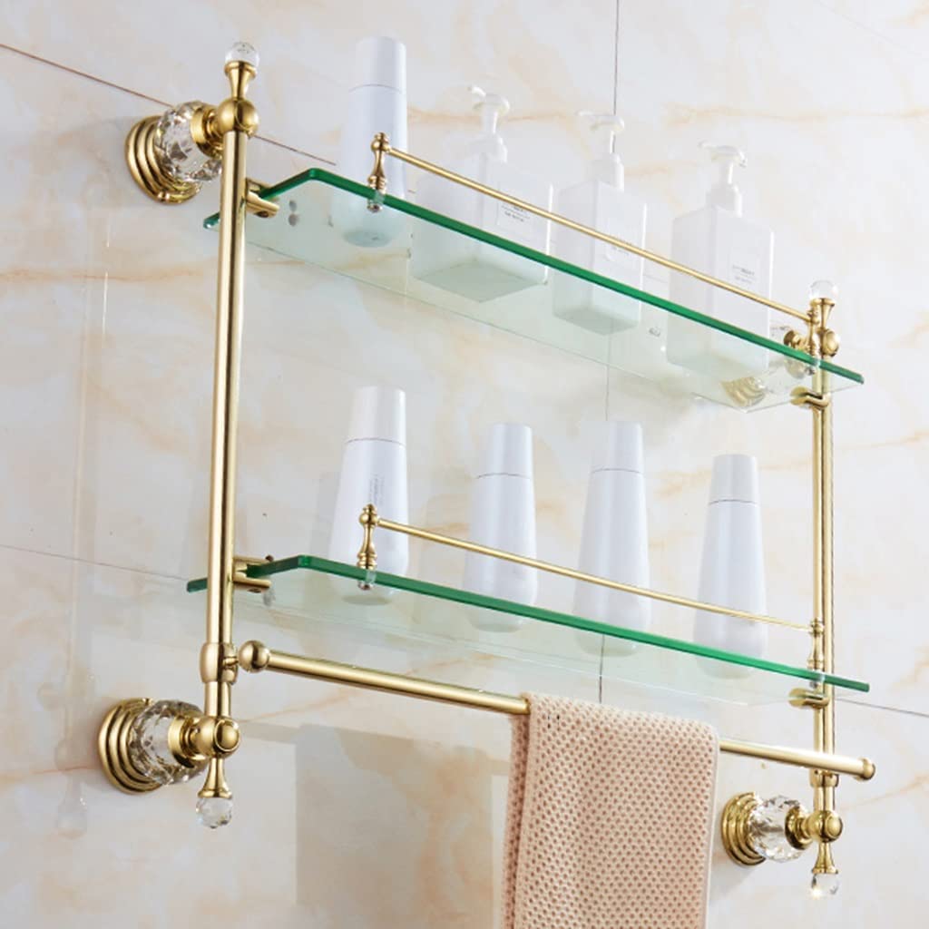 Mensola da bagno in vetro temperato color oro trasparente con barra portasciugamani a 12 strati da parete per doccia, elegante design rettangolare, supporta 9,1 kg, 50 x 16 cm, perfetta per