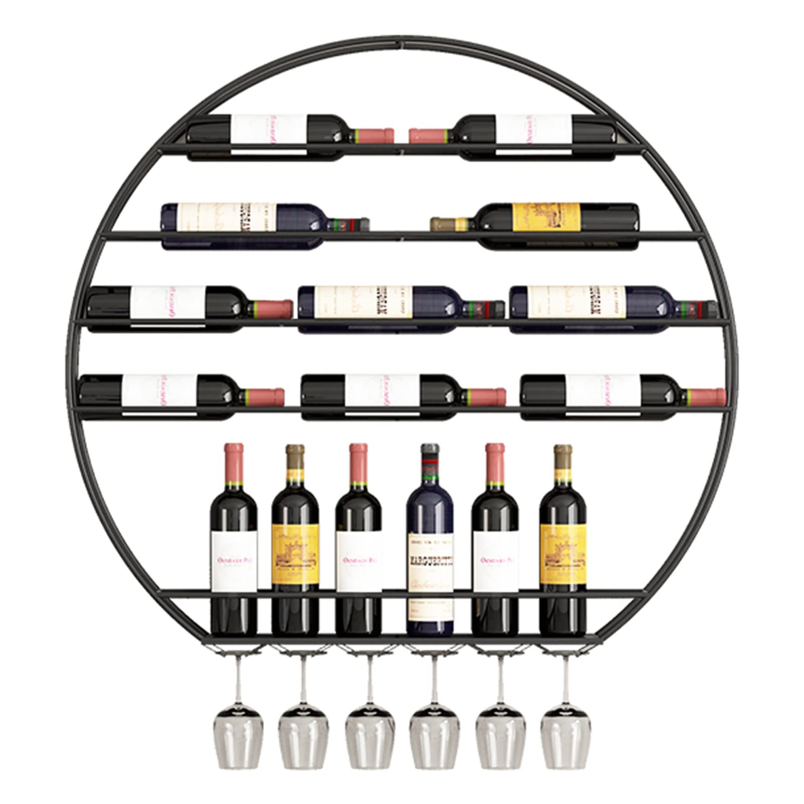 Porte-bouteille de vin rond mural marron 75x80 cm avec étagère pour verres