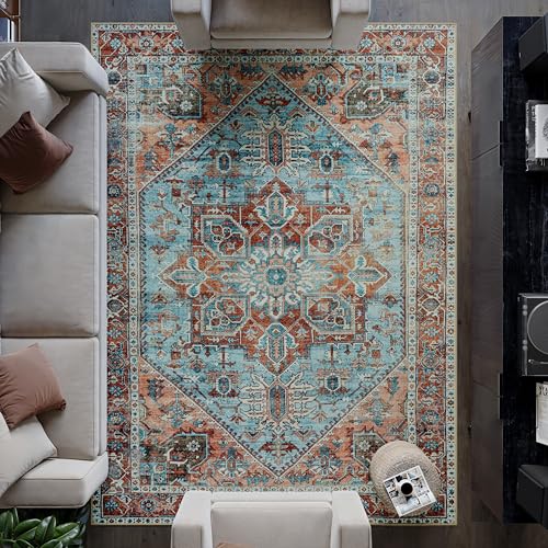 artyrugs Machine Washable Rug, 240x330cm, 75% Recycled Cotton, Short Pile, Non-Slip Backing, Non-Shedding, Suitable for Living Room, Bedroom, Kitchen, Hallway, Office, Cyan Blue & Salmon