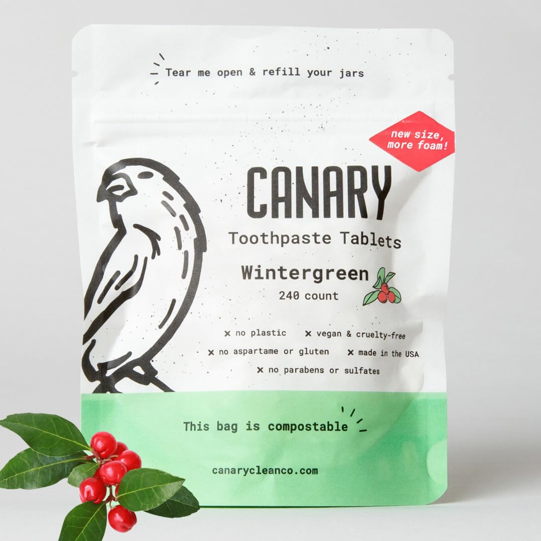Canary Toothpaste Tablets Wintergreen - Chewable Nano-Hydroxyapatite Teeth Cleaning Tablet - No Fluoride, Great for Travel, Zero Waste 240 Count