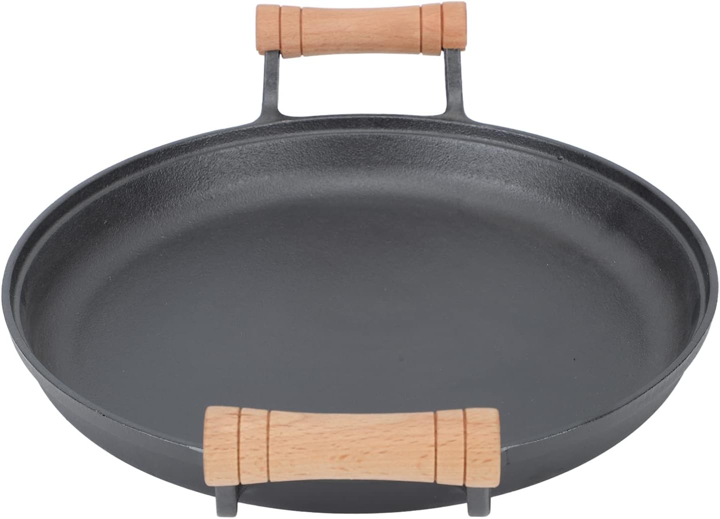 Zerodis BBQ Grill Pan, Dual Wooden BBQ Grill Pan, Round Cast Iron Pan Handles High Thermal Conductivity Stick Proof Sturdy Thick Good Thermal Insulation Cast Iron Grill Pan for Barbecue