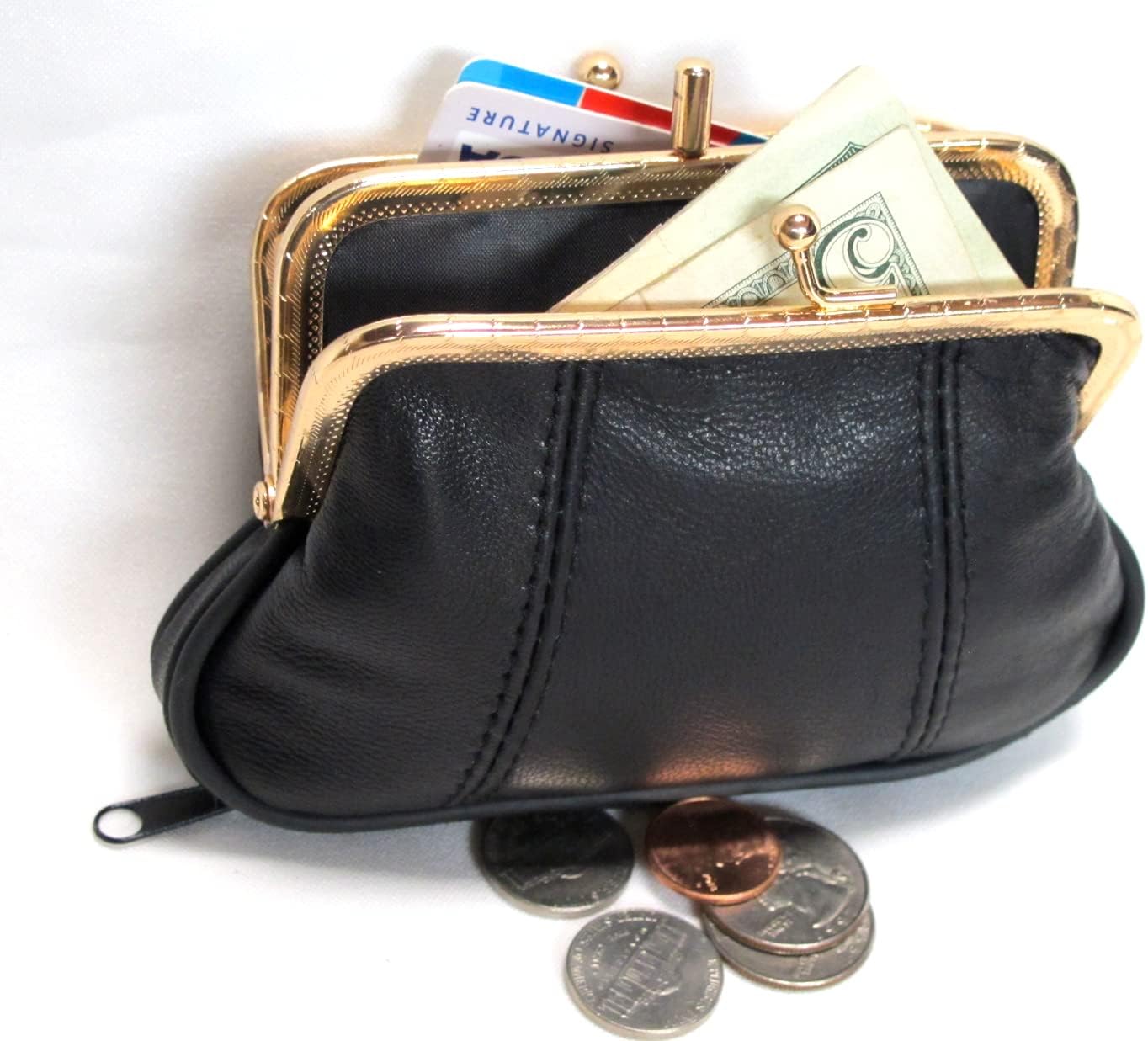 Women Soft 100% Leather Mini Wallet ID Credit Cards Cash Coin Holder Case Organizer Purse Framed & Zipper Closures -BLACK - Image 9