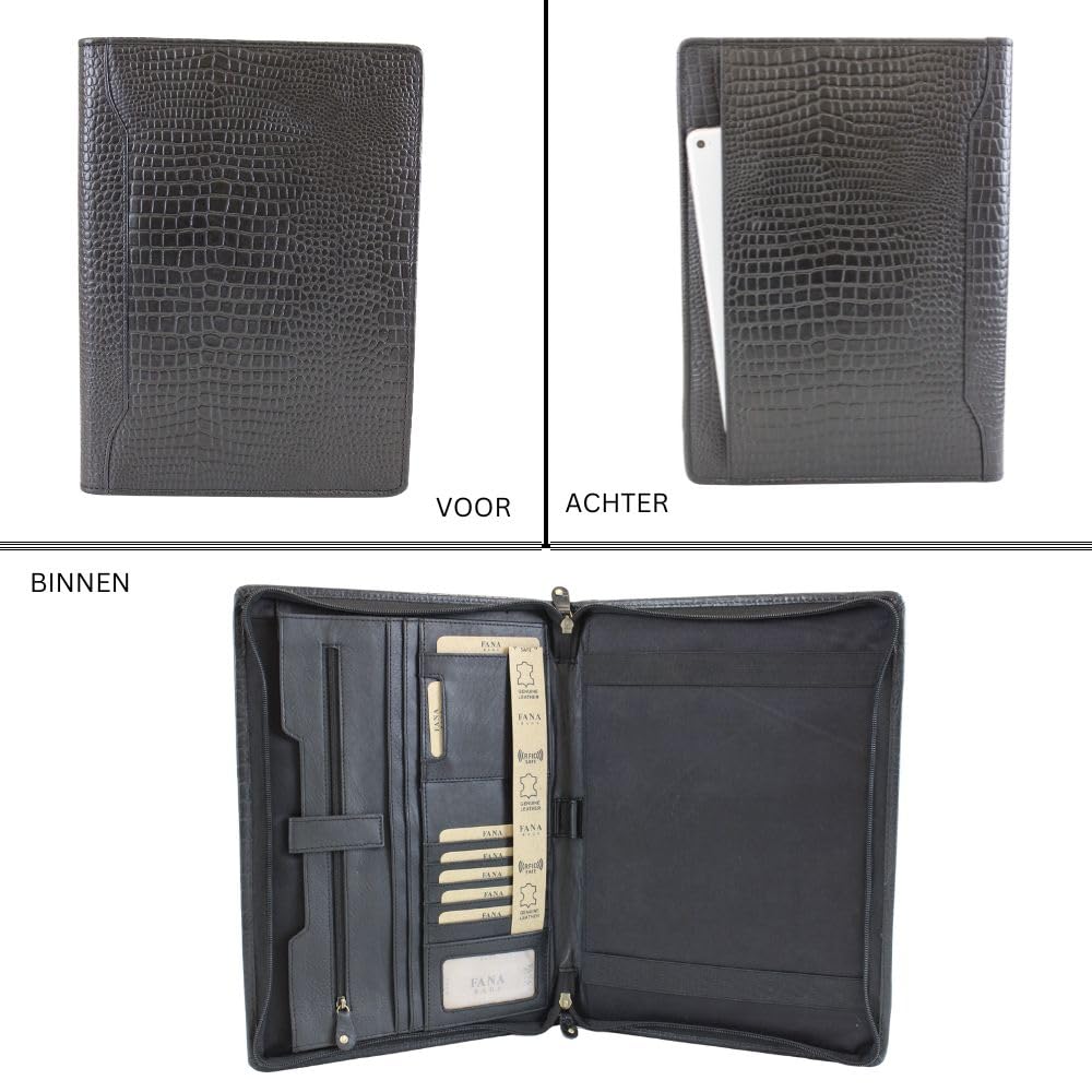 Leder Schreibmappe Croco - Luxus Leder Konferenzmappe mit Reißverschluss - A4 Businessmappe - Geschenk (Schwarz)
