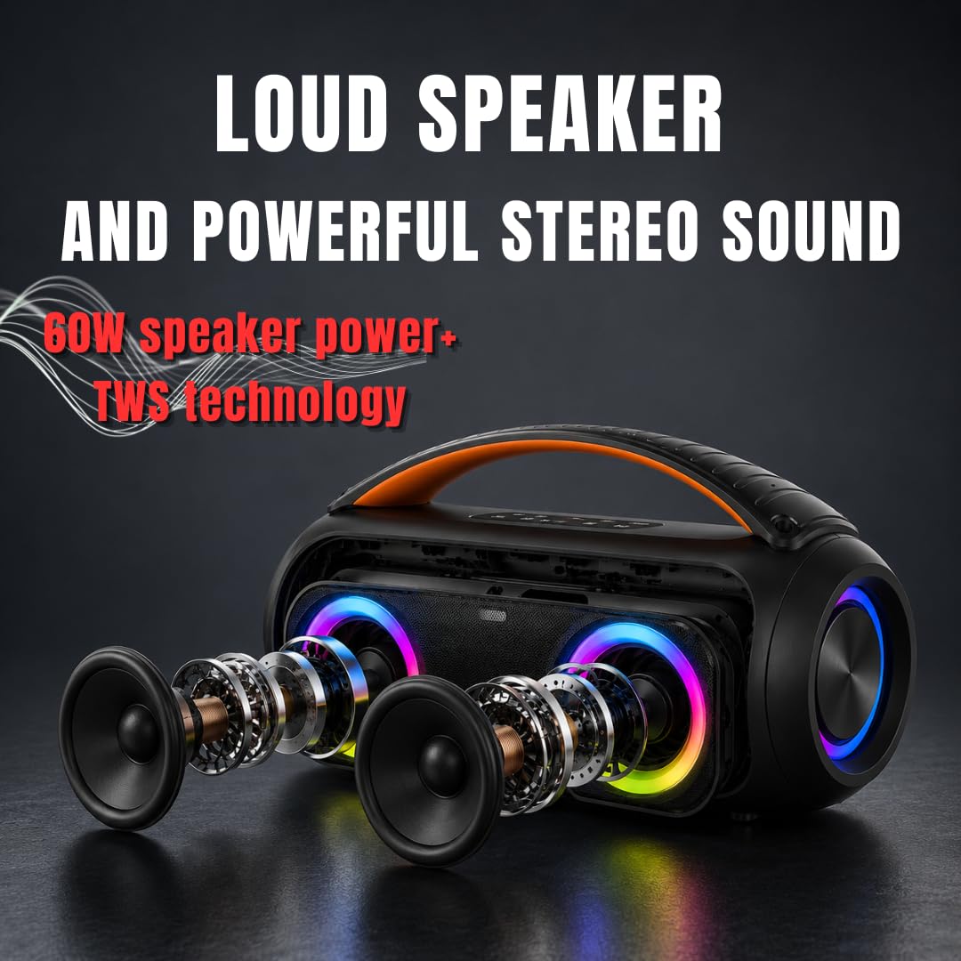 DYNASONIC D93 - Enceinte Bluetooth Portable IPX5 Hautparleur Waterproof. Enceinte d'extérieur sans Fil. Stéréo sans Fil. Lecteur de Son Puissant avec lumières LED intégrées. Micro-SD, USB.