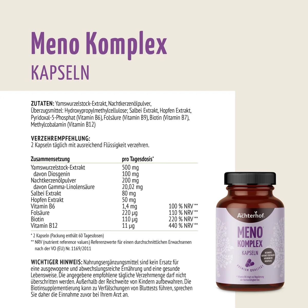 Meno Komplex Kapseln 120 Stück | mit Yams, Hopfen, Nachtkerzenöl und Salbei | Begleiter während der Menopause | Achterhof