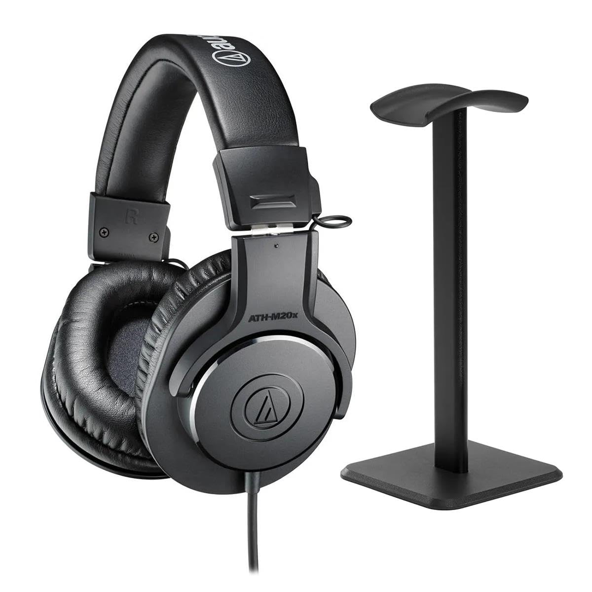 Audio-Technica ATH-M20x Closed-Back Over-Ear Professional Monitor Headphones, Black, Bundle with Desktop Stand