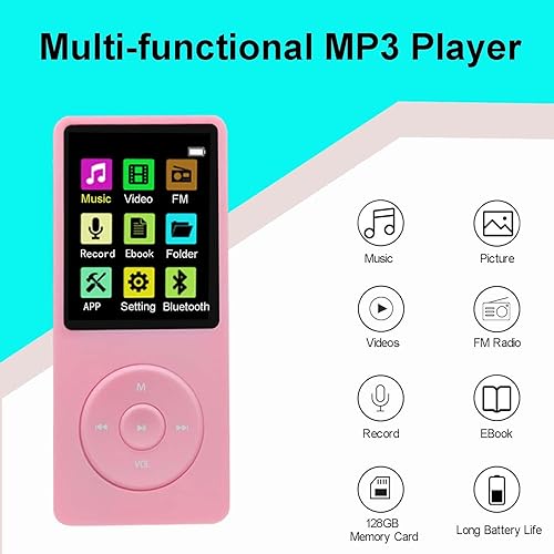 Miniatura 2 de Reproductor MP3 de 128 GB con Bluetooth 5.2, reproductor de música portátil rosa para niños con altavoz HD integrado, radio FM, grabadora de voz,