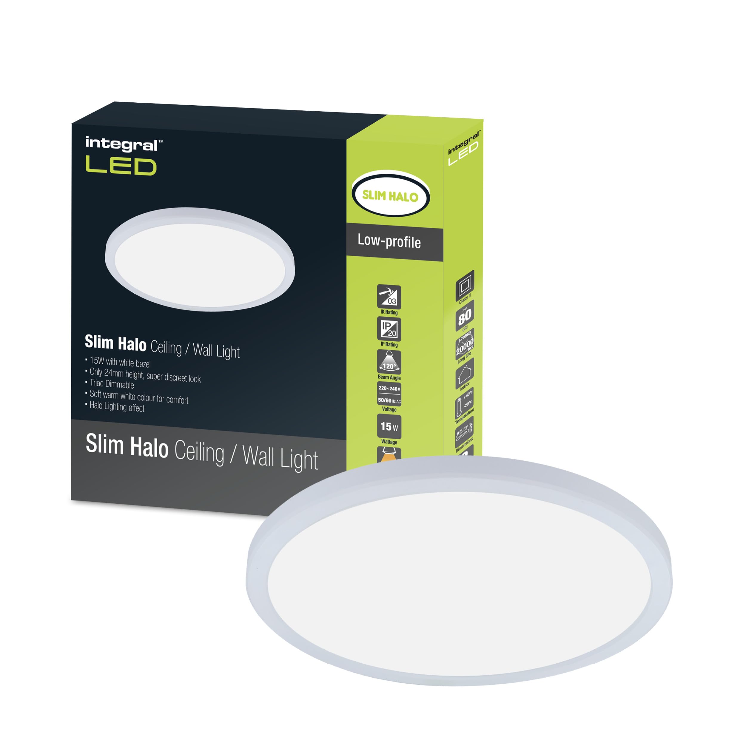 Integral LED 15W 1300LM Dimmable Halo Ceiling and Wall Light | 241mm Diameter | Modern Super-Slim Circular Design | White Bezel | Ideal for Bedroom, Kitchen, Living Room, Study and Corridor