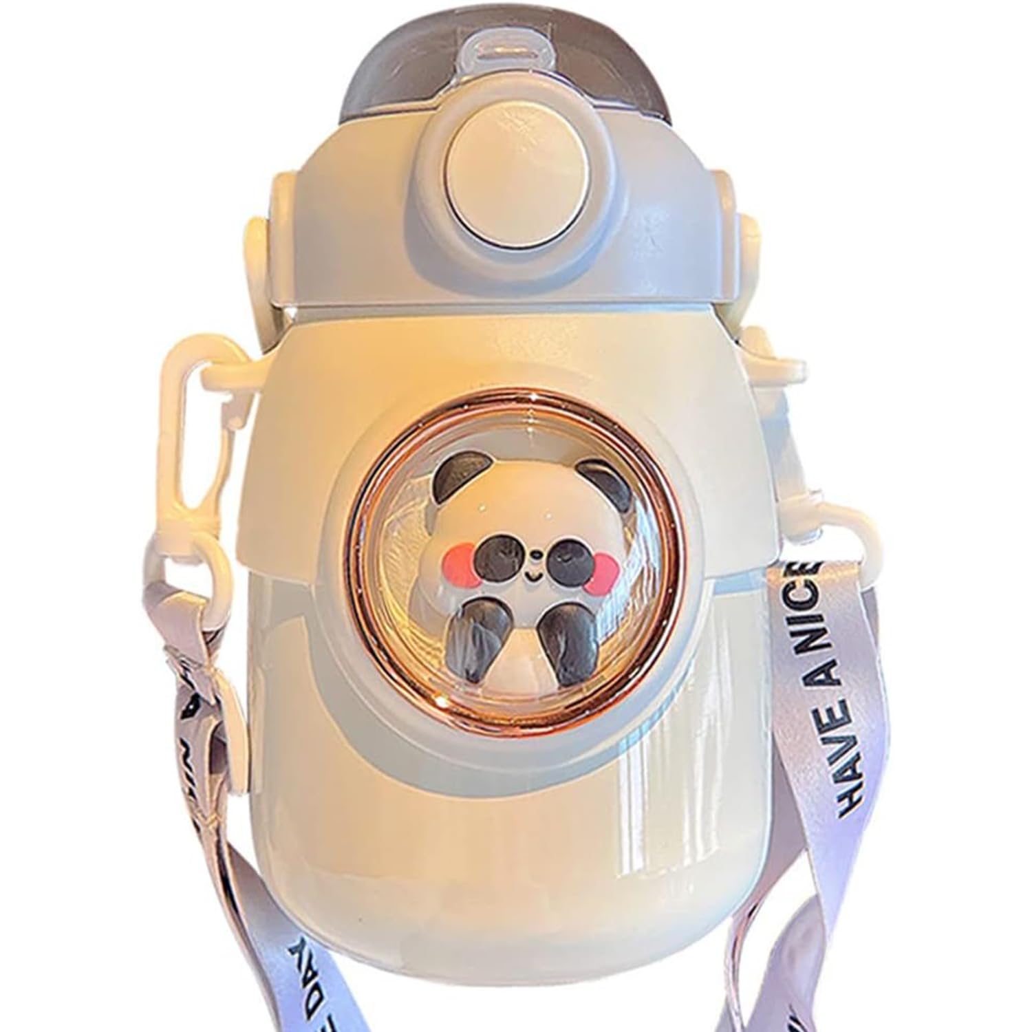 SWIUKPHE Bear Insulated Water Bottle, 700ml Cute Animal Thermos Drinking Cups with Straw and Adjustable Strap, Leak Proof BPA Free, Wide Mouth Water Cup with Lid for Girls, White