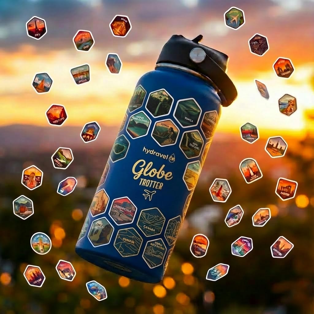 Borraccia Termica GLOBE TROTTER con 50 Adesivi dei Posti più BELLI del Mondo - Ottima Idea Regalo per Viaggiatori - 1 LT, Acciaio Inox, bevande Calde per 12h/Fredde 24h (Blu)