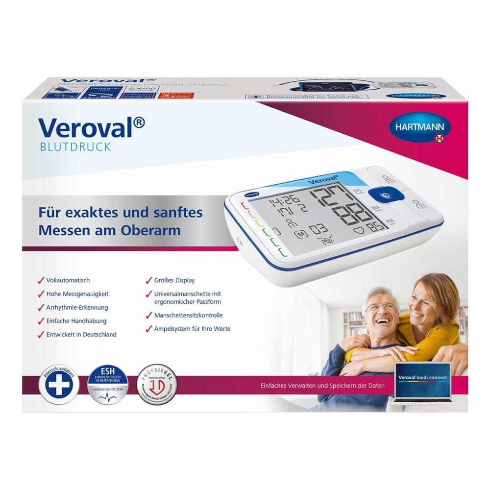 VEROVAL Medidor de presión arterial en la parte superior del brazo: el monitor de presión arterial para una medición fácil y rápida, con manguito ergonómico Secure-Fit