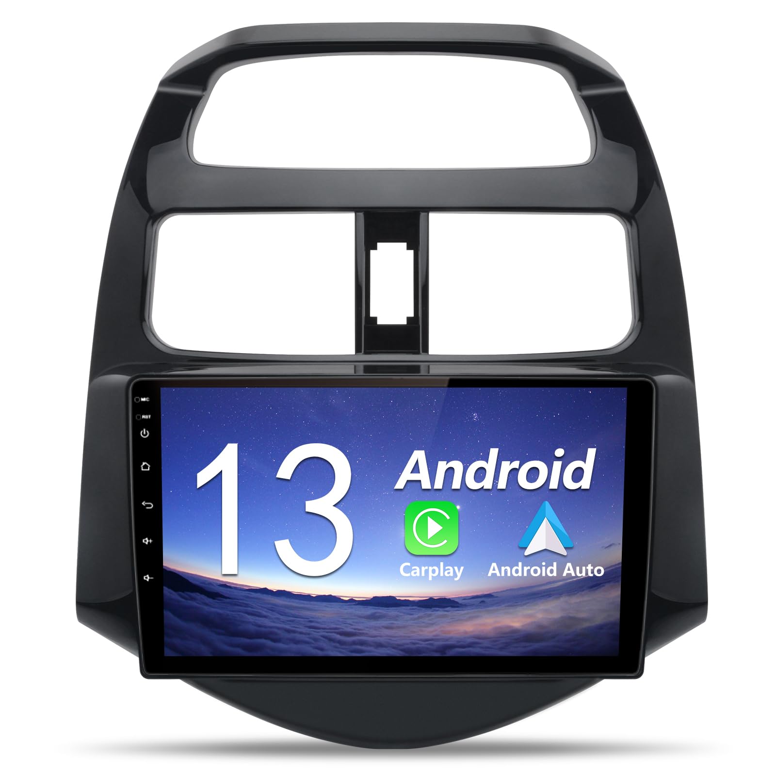 Comparison image showing the original Chevy Spark dashboard radio before installation and the new EagleNav 9-inch Android 13 car radio installed in the dashboard.