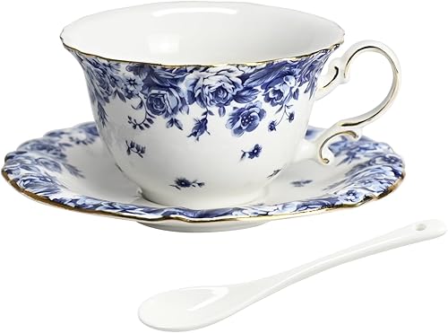Bone China - Juego de taza de té y platillo, 3 piezas, estilo vintage, juego de taza de té y platillo para mujeres y fiestas de té, caja de regalo