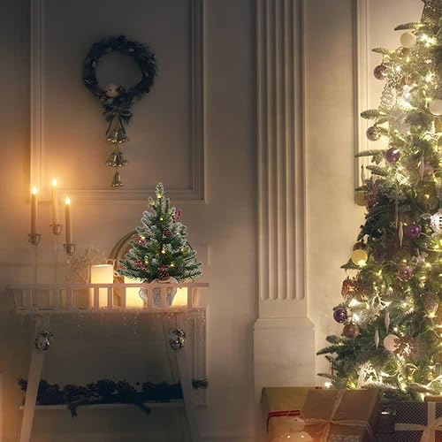 Miniatura 6 de MEETYAMOR Mini árbol de Navidad de 2 pies, 24 pulgadas de polietileno preiluminado pequeño árbol de Navidad artificial de mesa flocado con