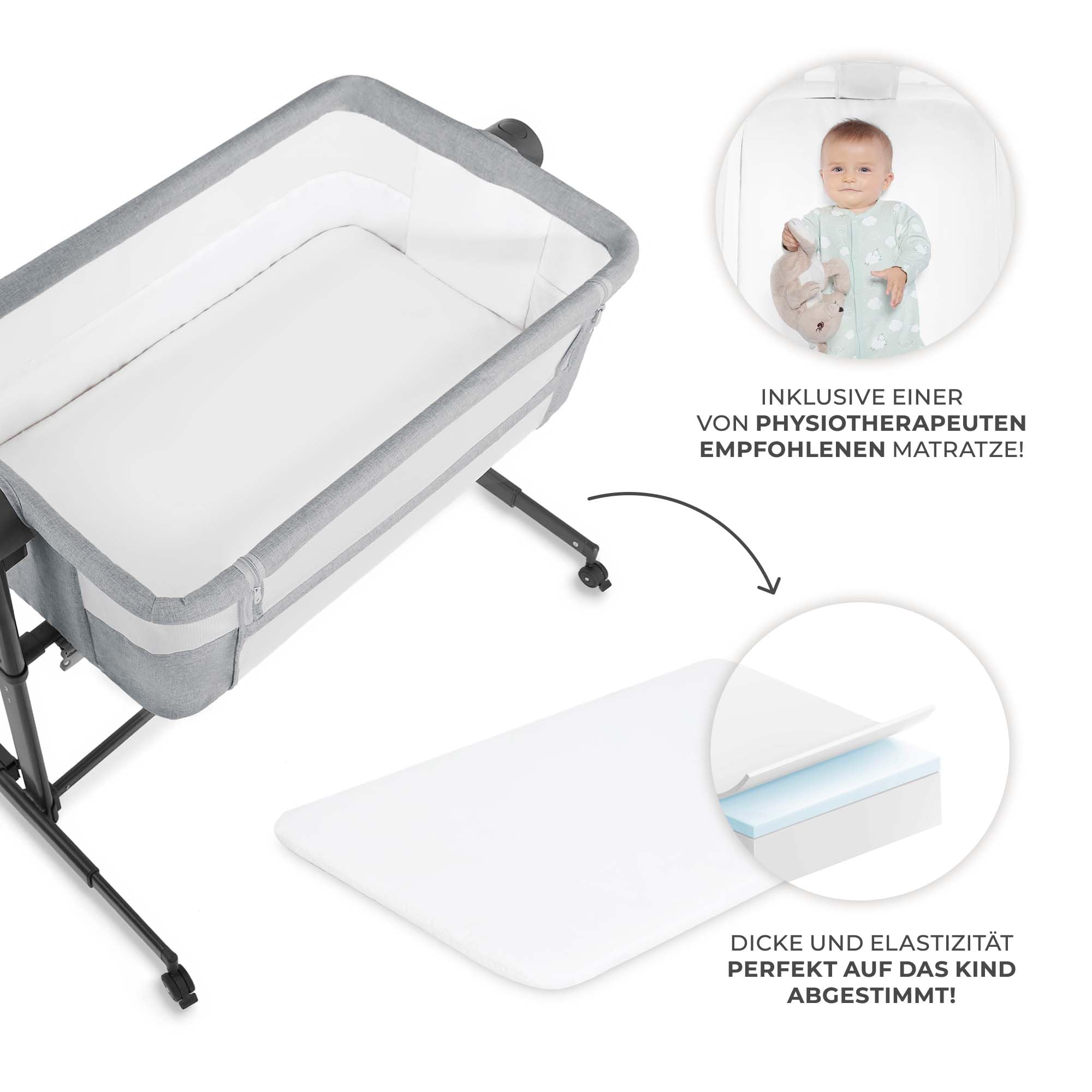 Kinderkraft NESTEE UP 2 Beistellbett 2 in 1, Kinderreisebett mit Matratze Laken, 5-stufige Matratzenhöhenverstellung, 4 Rädern mit Bremse, Weichen Material, Leichte Konstruktion, Grau