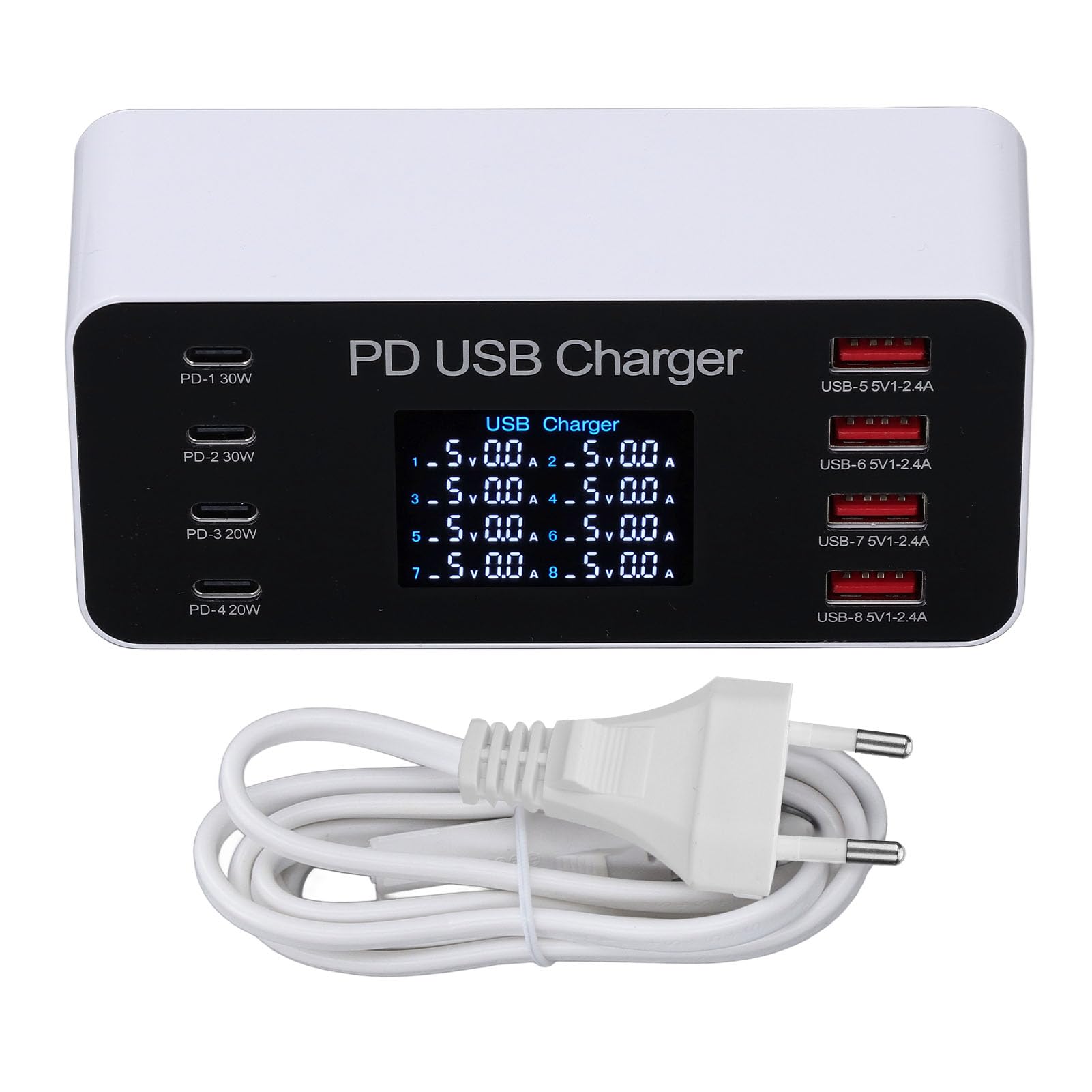 VBESTLIFE Stazione di Ricarica USB a 8 Porte, Caricabatterie Multiporta | 4 Prese USB A, 4 Prese USB C, Ricarica Rapida PD da 30 W, Display LCD, Distribuzione Intelligente 'energia, Ignifugo
