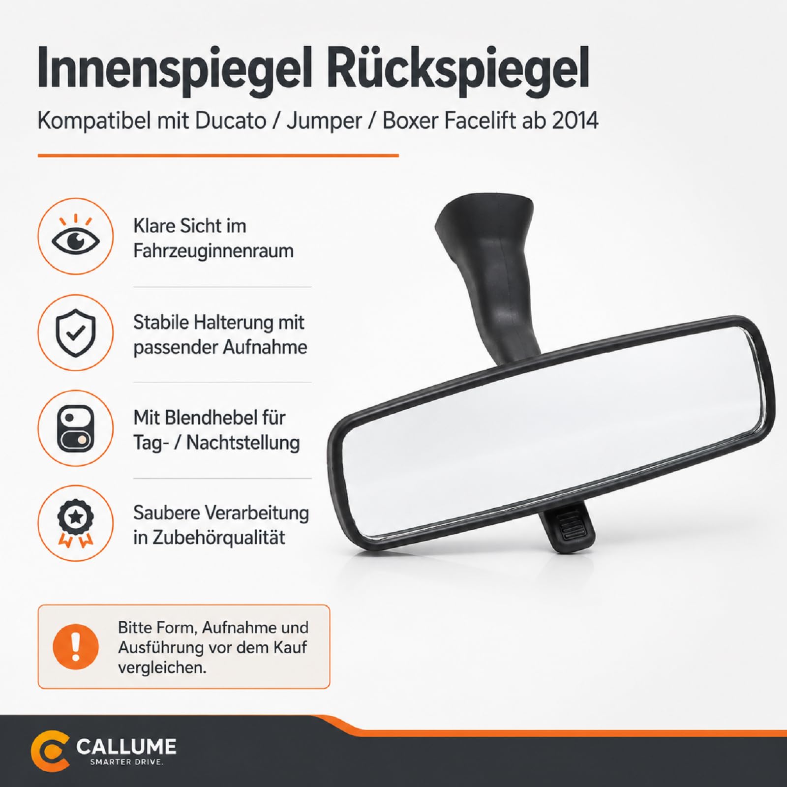 Innenspiegel Kompatibel mit Fiat Ducato 250 Jumper Boxer ab 2014 | Passgenaue Ausführung mit klarer Sicht, Referenznummern 735585204 und 735695390.
