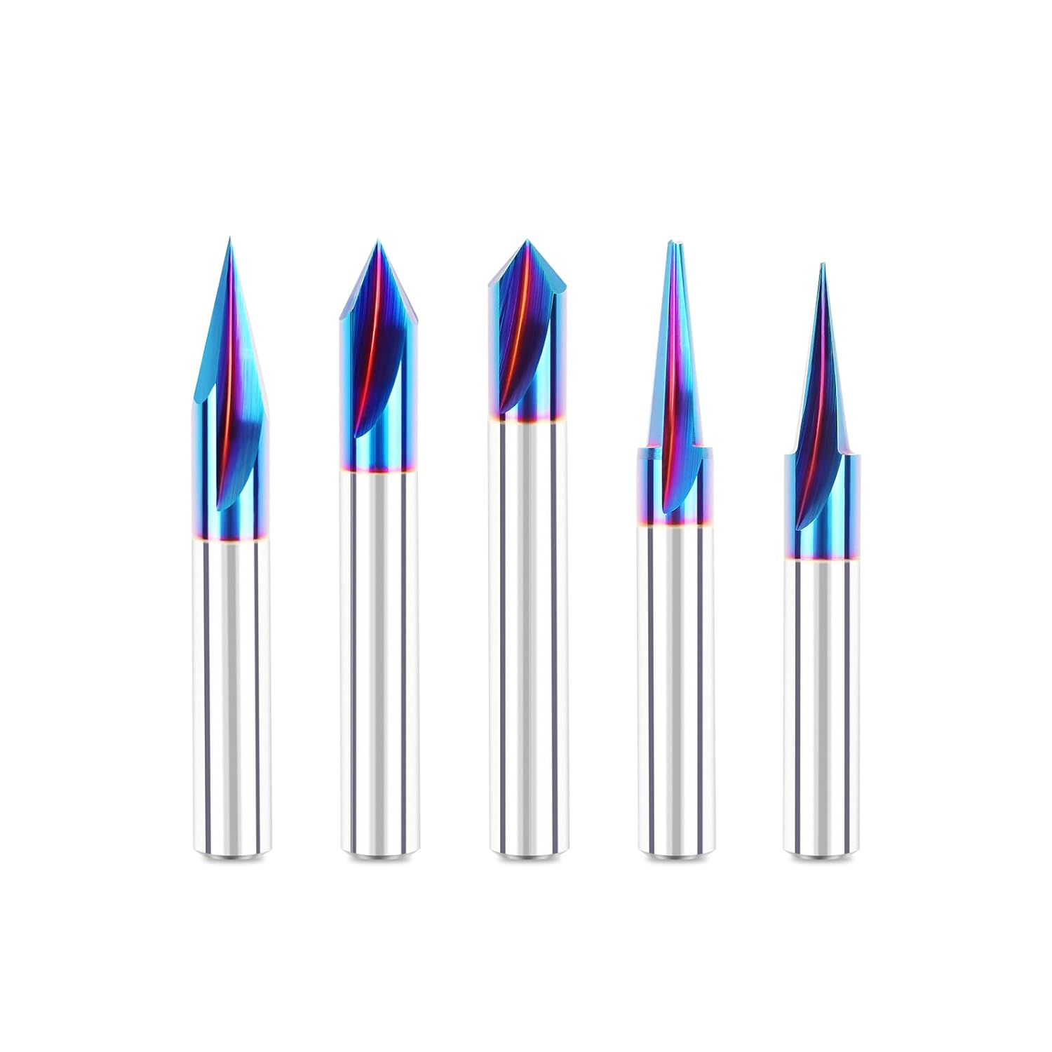 CNC Wood Carving Router Bit - 1/4 Shank, 15/20/30/60/90 Engraving Bits, 2 Flute Straight & V-bit, Blue Nano-Coating Conical Tool