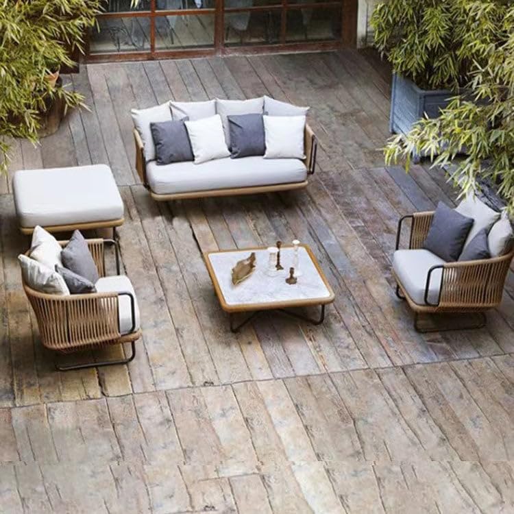 Image of 3+1+1 Seater Sofa Antique Design Rope Furniture Set with Cushions Center Table and Puff for Living Room Outdoor Indoor Roof top Garden