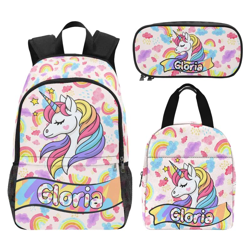 Generic Custom Kid's Backpack with Lunch Bag Box Pencil Pouch for Girls Personalized Rainbow Name School Bag for Daughter Granddaughter 3 in 1 Bookbags Set Schoolbag for School Season, Design 12