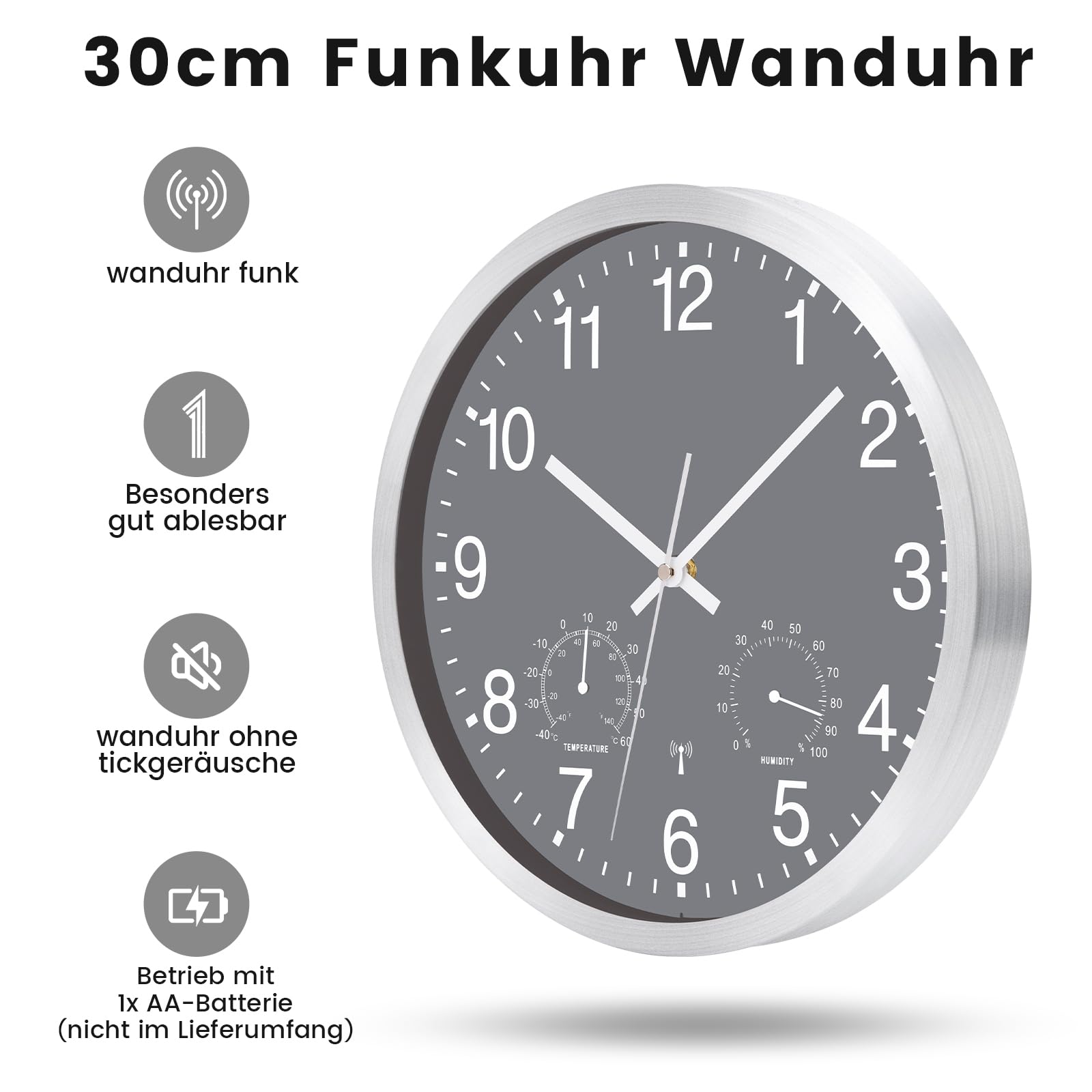 Reloj de pared inalámbrico con indicador de temperatura, 30 cm