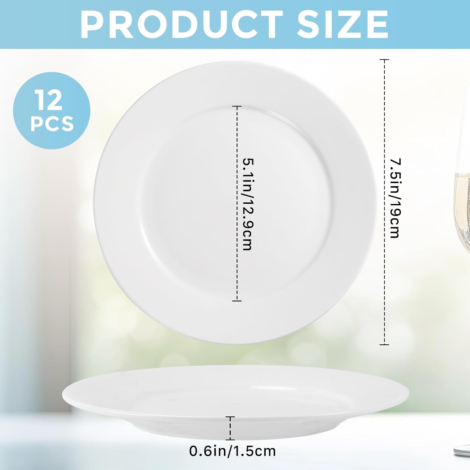 Dessert Plates, 12 Pack, White, 7.5 Inch, Round | Porcelain Ceramic Serving Plates, Dishwasher Microwave Oven Safe, for Cake, Fruit, Snacks