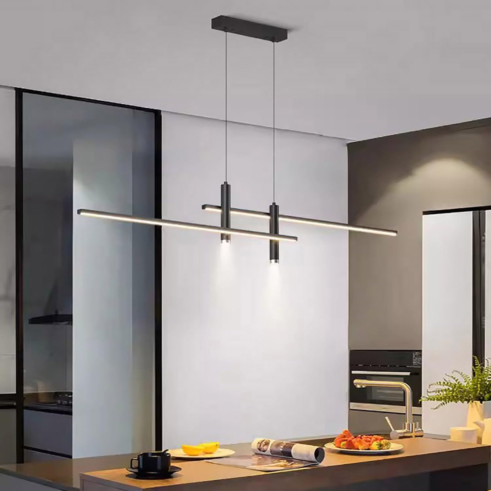 HYJAUSXB Modern Led Pendant Light Kitchen Island,dimmable Linear Lighting With Spotlights,hanging Fixture Height Adjustable,chandelier For Dining Table Livingroom Bedroom Bar(59u201d, Black)