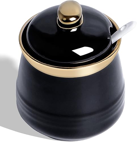 HAOTOP Azucarero de 12 onzas con tapa y cuchara, recipiente de cerámica simple para azúcar, dispensador de azúcar, accesorios de barra de café,