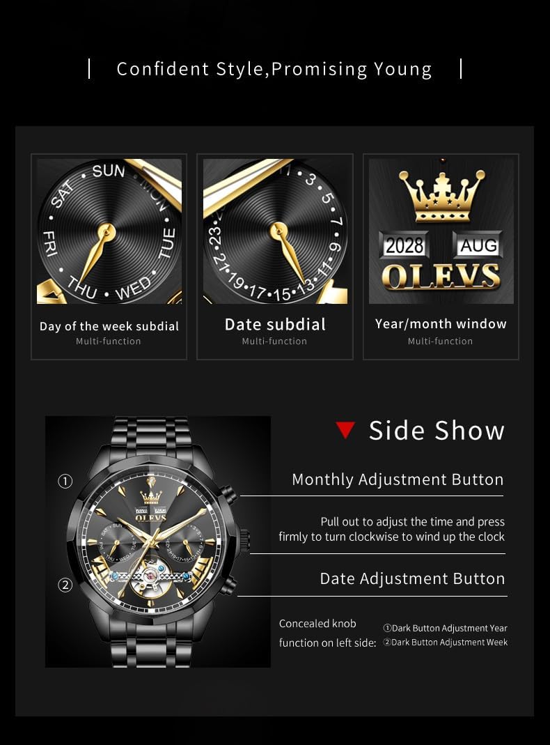OLEVS Mechanical Men Watch Chronograph Diamond Tourbillon Date Moon Phase Adjustable Bracelet Gift Multi-Function Blue/Black/Gold/Silver Face Watch for Men