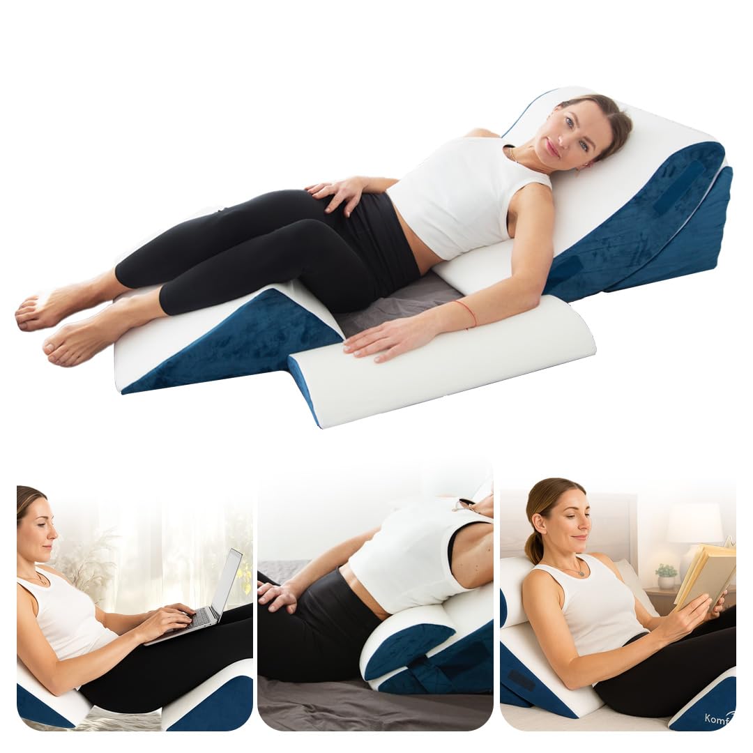 MKS Juego de 4 cojines de cuña para sofá y cama, versátiles cojines de lectura y cojín de almacenamiento, ergonómico y flexible, cojín de cuña para espalda, piernas y rodillas con funda lavable