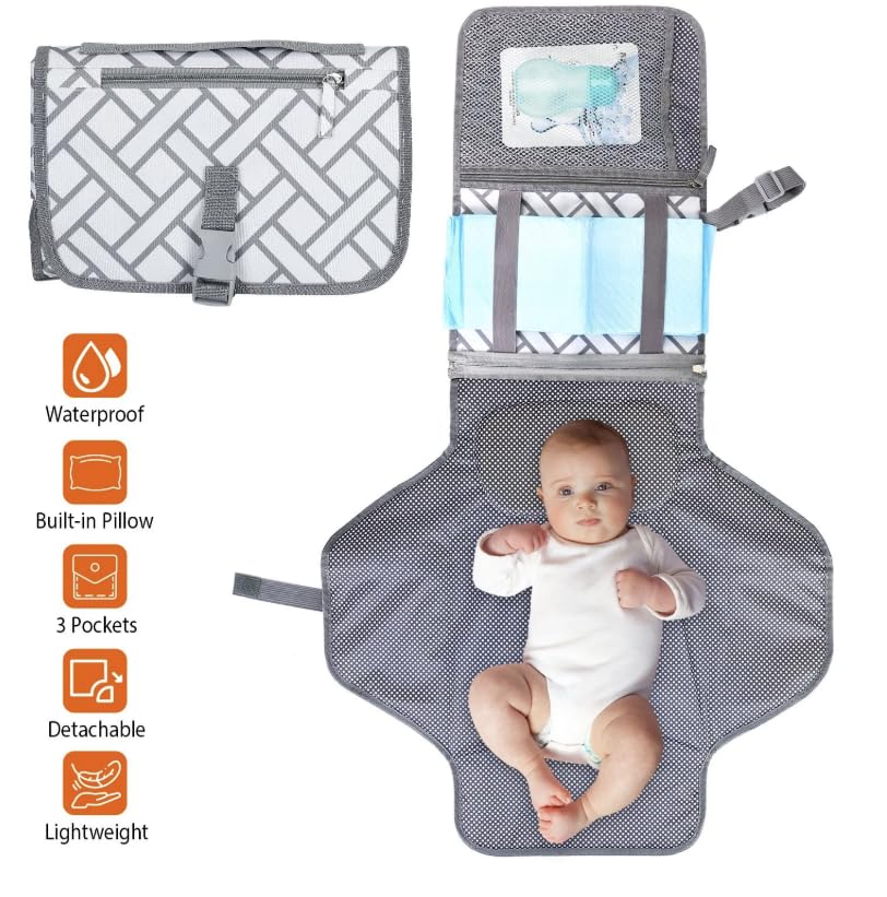 Portable Baby Changing Mat for Travel, Waterproof Foldable Nappy Changing Pad with Padded Head Cushion - Image 3