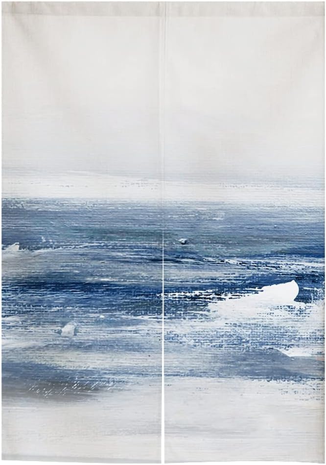 Japanese Noren Doorway Curtain Abstract Watercolor Blue Door Curtain Modern Ocean Art Painting Room Divider Home Decoration, 33 x 35 inch