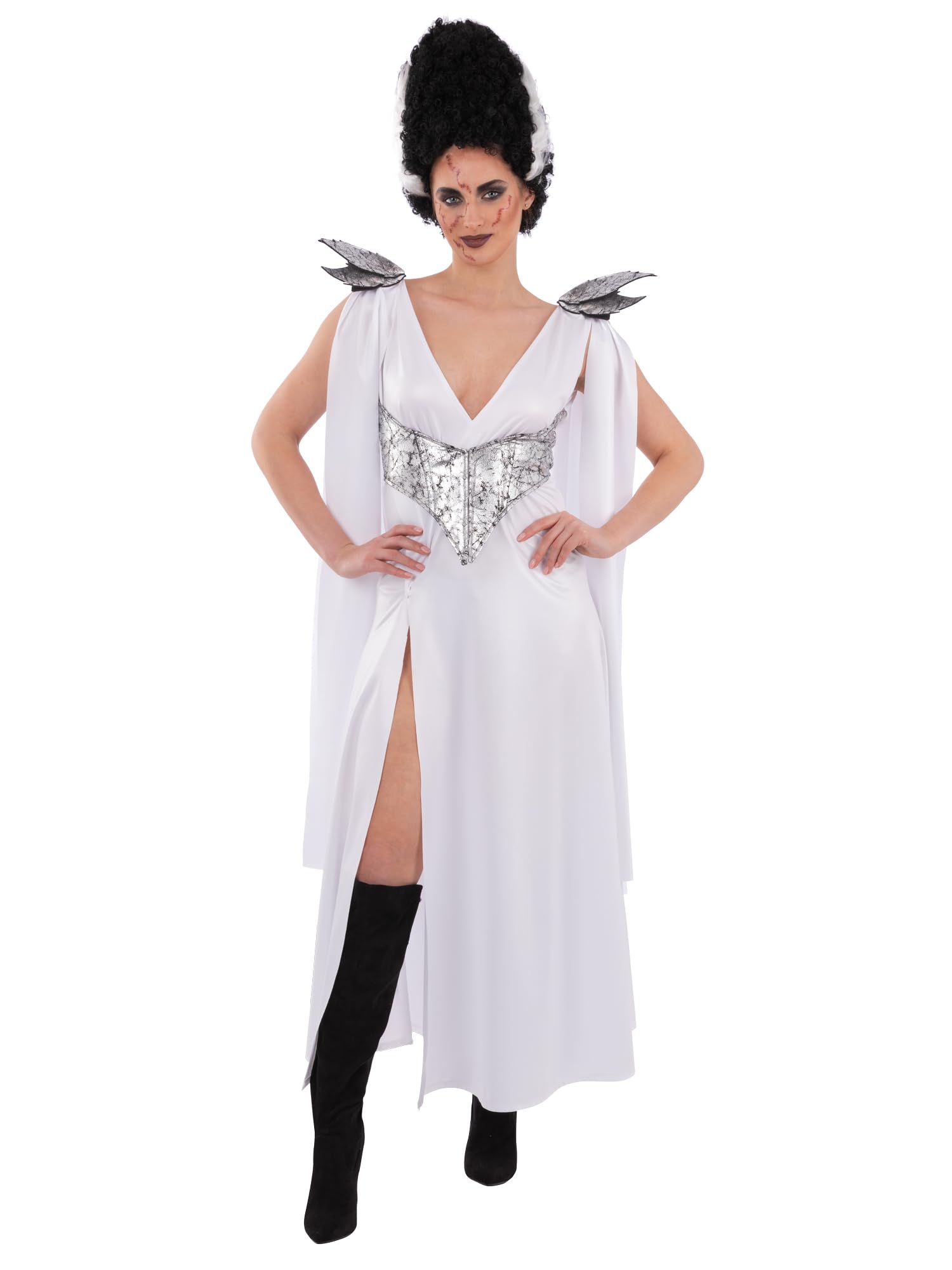 Smiffys Fever Monster Mummy Bride Costume for Women White Long Dress with Silver Detail and Shoulder Accents - Image 2