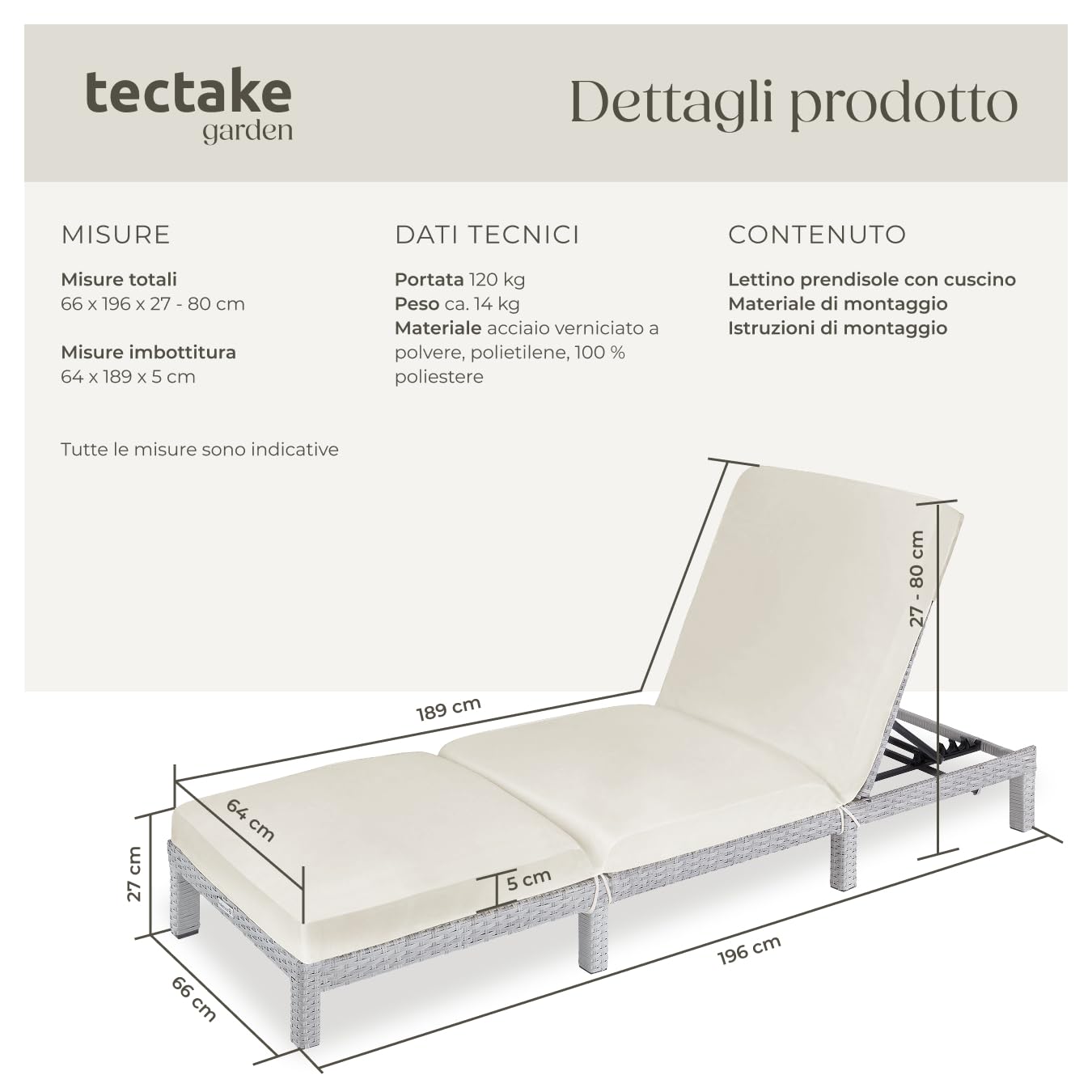 tectake® Lettino Prendisole in Rattan, Altezza Schienale Regolabile, Robusta Struttura in Acciaio, Lettino per Esterno e Interno, 196x66x22 cm, Cuscino Imbottito Rimovibile Incluso - Grigio Chiaro