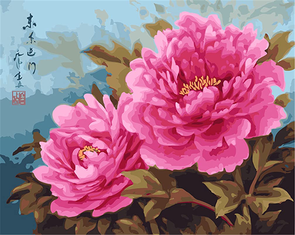 Amiiba DIY Paint by Numbers Kits, Pink Peony Flowers 16x20 inch Acrylic Painting by Number Wall Art Crafts (Peony, Without Frame)