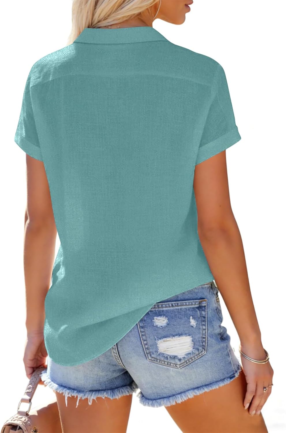 Linen Shirts for Women Short Sleeve Button Down Shirts Casual Solid Blouse Vacation Beach Summer Tops Concert Outfit - Solid Teal M