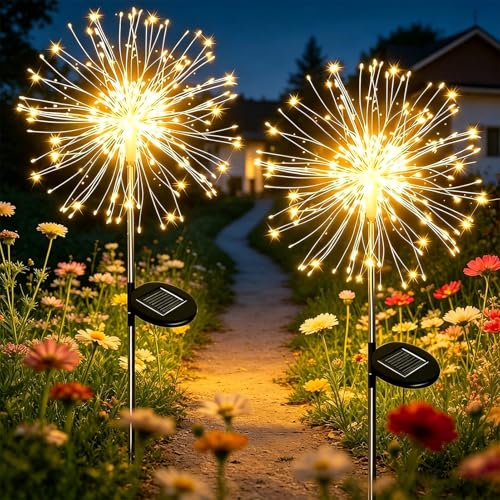 Dekofun Gartendeko Solarleuchten f&uuml;r Au&szlig;en 2 St&uuml;ck 120 LED Solar Feuerwerk Gartenbeleuchtung, 8 Modi Solarlichter Pusteblume Wetterfest Solarstecker Gartenlichter f&uuml;r Au&szlig;en Terrasse Balkon Deko