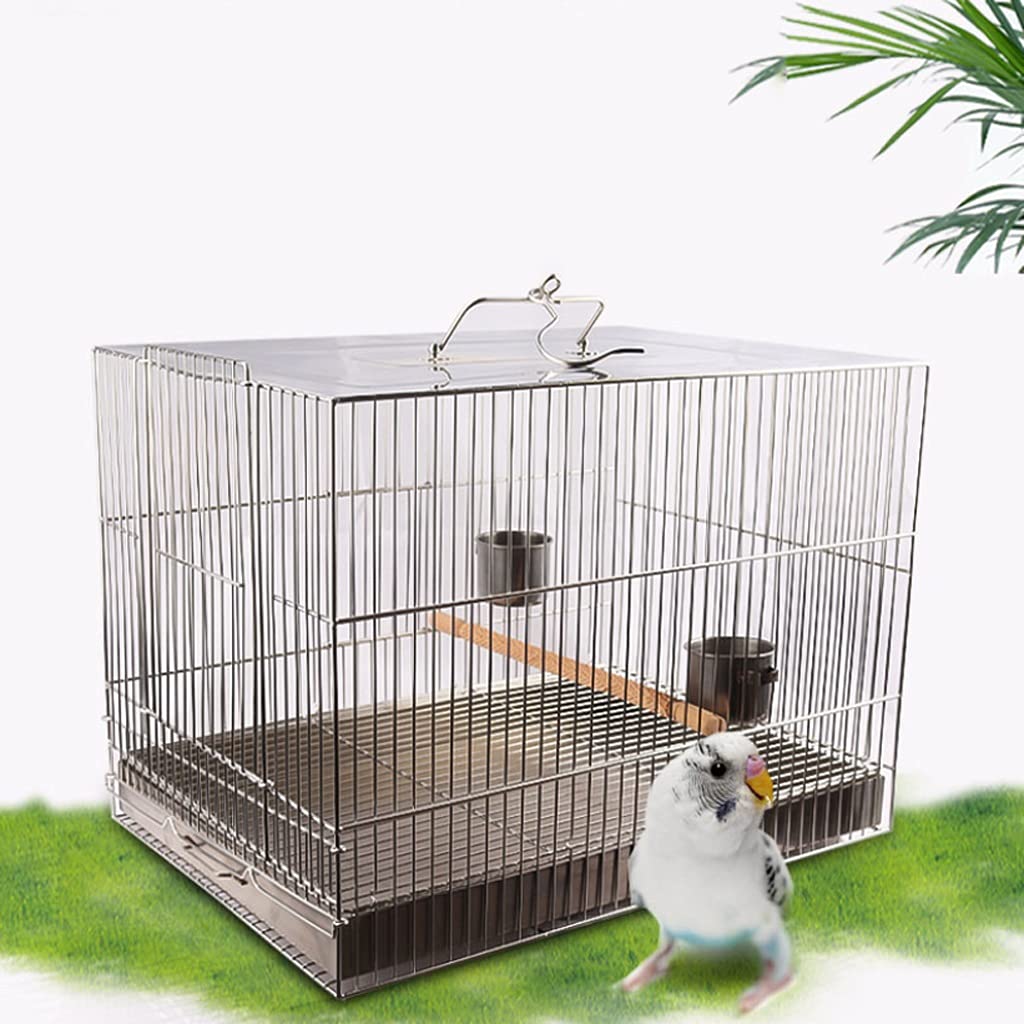 Jaula para pájaros de acero inoxidable para loros con taza de comida y palos, diseño portátil, ideal para baño y decoración, adecuada para uso en interiores y exteriores