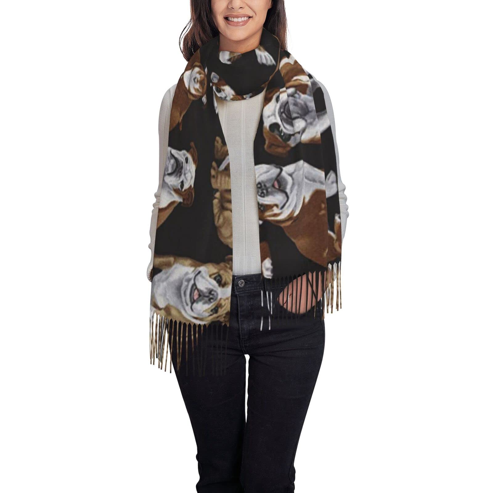 Aseelo Unisex English Bulldogs Women Scarves Winter Long Soft Warm Wraps Wool Tassel Shawl Stole Scarf Ladies