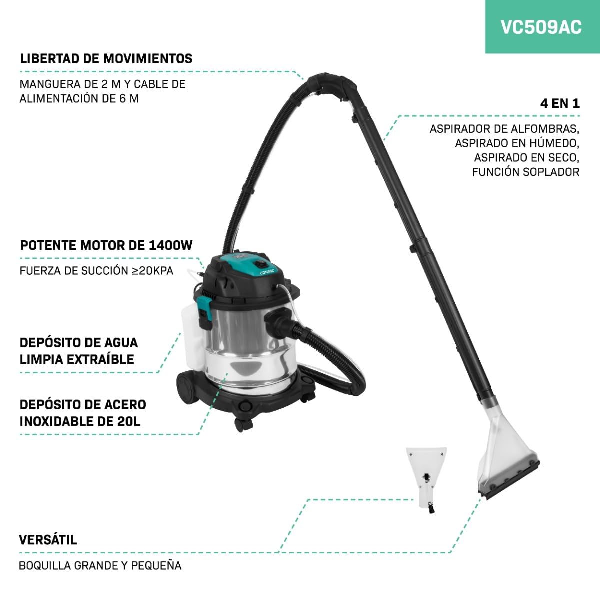 VONROC Limpiadora de alfombras 4 en 1 con pulverización 1400W | 20L + 3,5L, plástico y acero, limpieza de alfombras y tapicerías