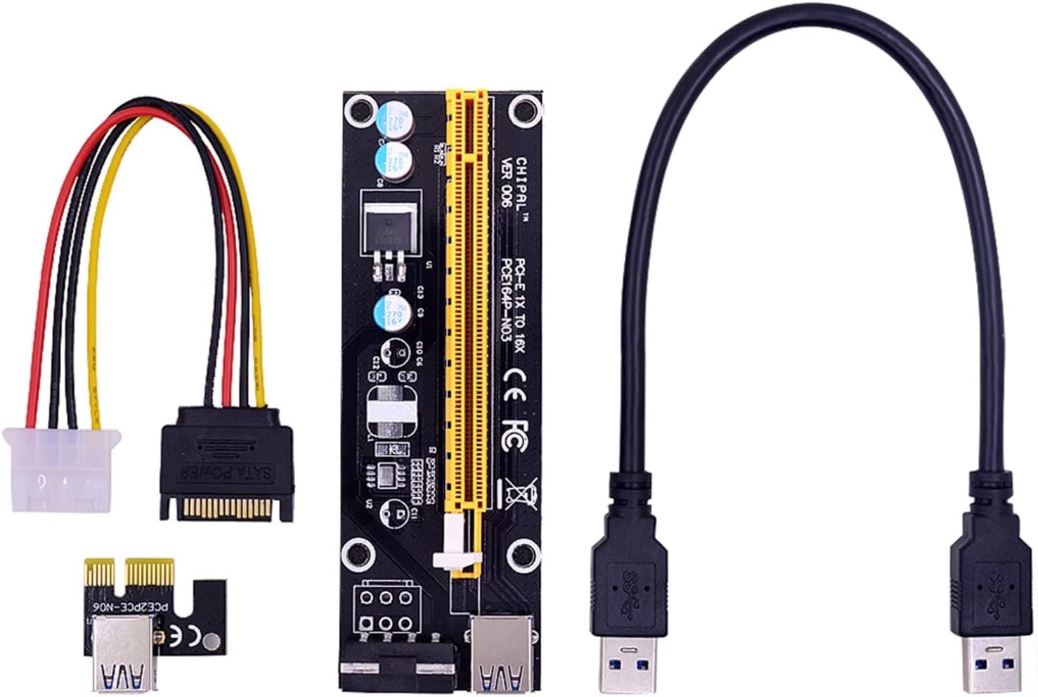 100PCS VER006S PCI-E 1X to 16X Riser Card Extender 60CM USB 3.0 Cable/SATA to 4Pin Power Cord for Video Graphics Card(0.3M)