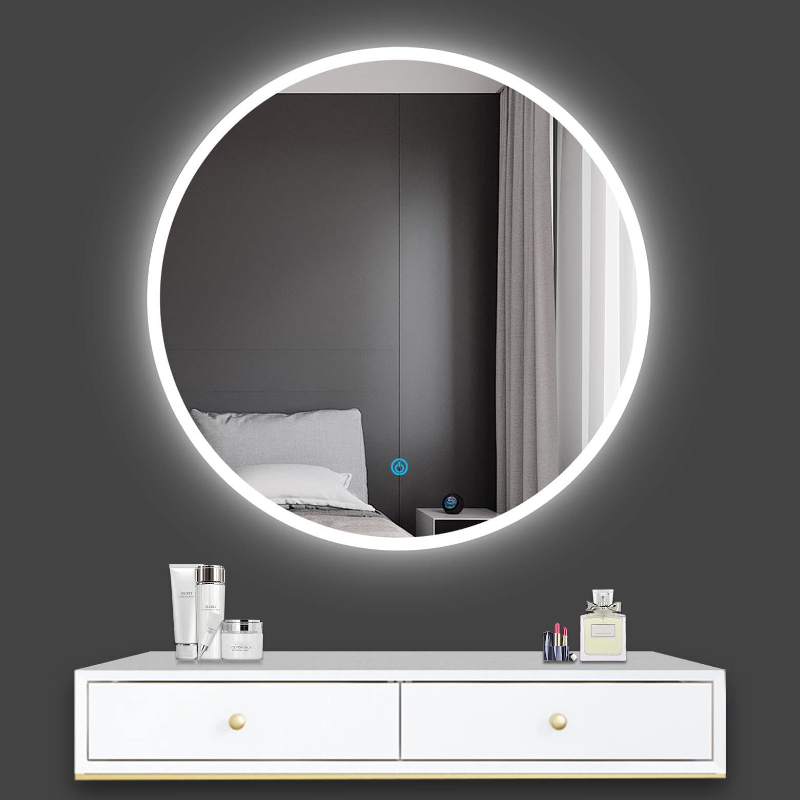 Espejo de Baño LED 100 x 100 cm, Espejo Redondo LED de Pared 6000k Blanco Frío, Función Antivaho, Control Táctil (Luz Fino en Margen)