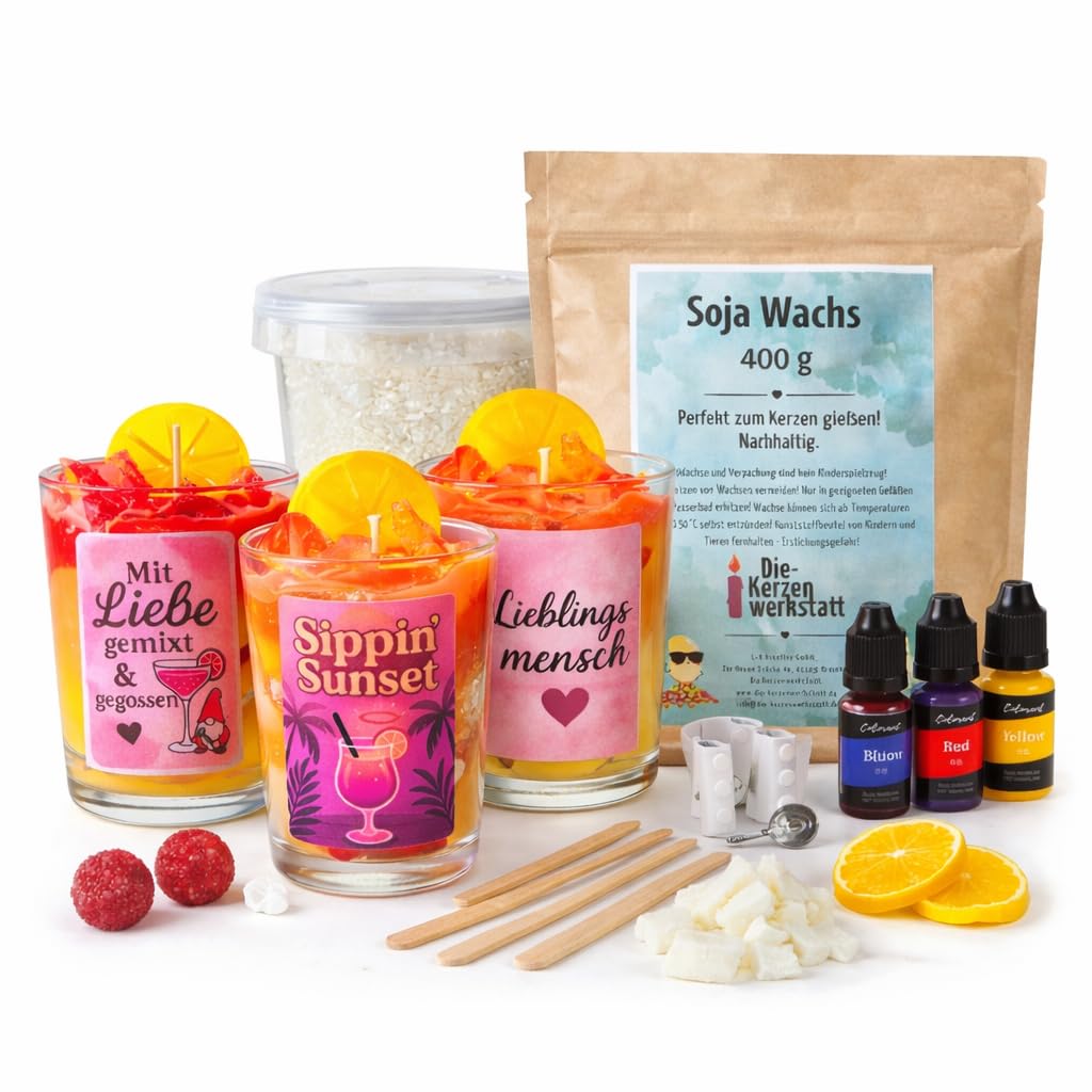Generisch Die-Kerzenwerkstatt DIY Cocktailkerzen Set, Sojawachs, Gelb Blau Rot, 4 Stück, mit Gläsern und Gelwachs